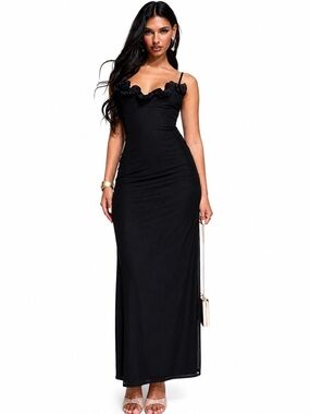 NWOT Waterfall Corsage Trim Black Ruffle Neck Spaghetti Strap Maxi Dress Small
